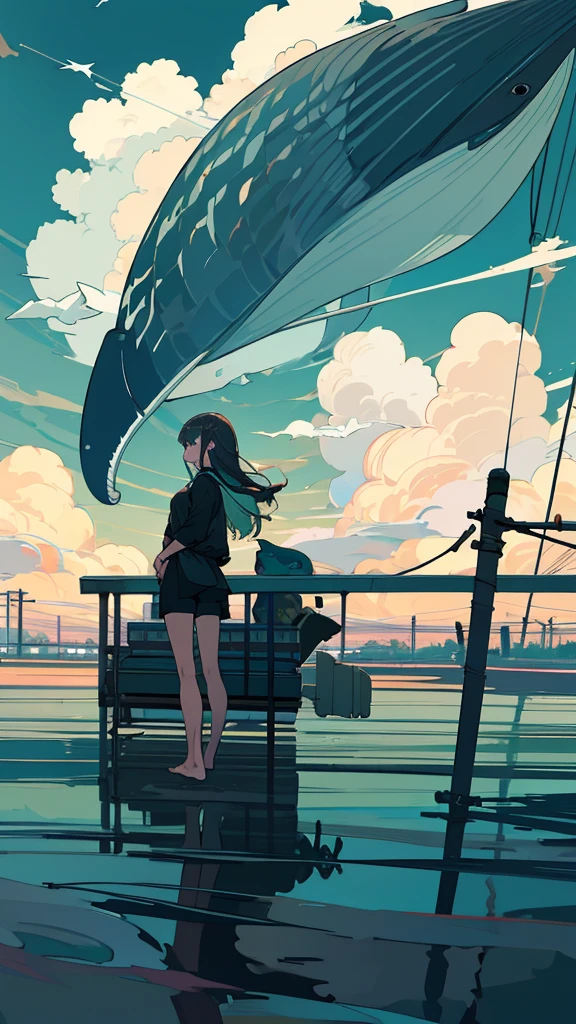 masterpiece, Exquisite detail,Highest quality,handrail, cloud,Power lines,View your viewers, Electric pole, bangs, cloudy zero, fish, bird, Green Eyes, Shorts, animal, Day, Black Shirt, barefoot,train,Railroad crossing,whale,long hair,zoom up