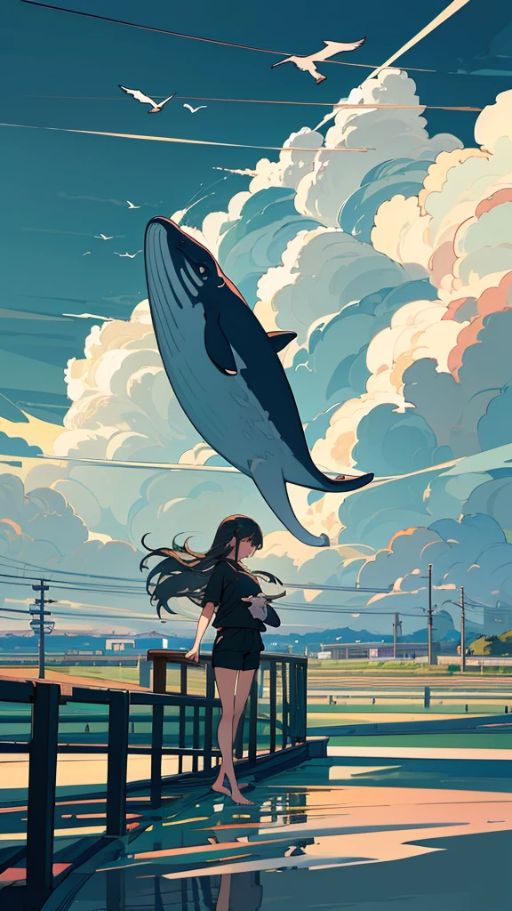 masterpiece, Exquisite detail,Highest quality,handrail, cloud,Power lines,View your viewers, Electric pole, bangs, cloudy zero, fish, bird, Green Eyes, Shorts, animal, Day, Black Shirt, barefoot,train,Railroad crossing,whale,long hair,zoom up