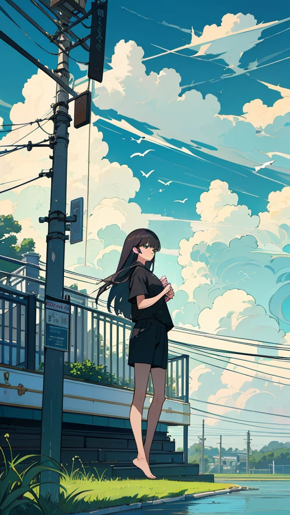 masterpiece, Exquisite detail,Highest quality,handrail, cloud,Power lines,View your viewers, Electric pole, bangs, cloudy zero, fish, bird, Green Eyes, Shorts, animal, Day, Black Shirt, barefoot,train,Railroad crossing,whale,long hair,zoom up