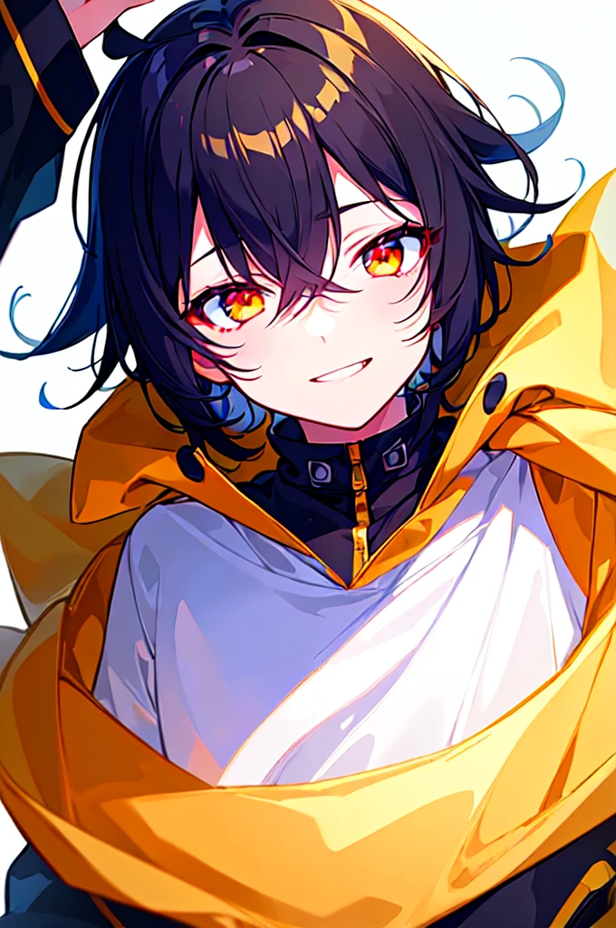 [(WHITE BACKGROUND:1.5),::5], ((((masterpiece)))), high quality, ultra very high resolution, full color, (((solo))), ((little boy)), Black hair, (Golden eyes), anime, ((upper body)), neon light, black parka, evil smile