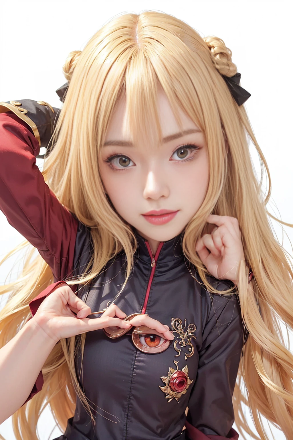 Terracomali Gundesblood、Good looking girl (blush, Perfect Face), independent , Looking at the camera, masterpiece, Anime art style, Cute Characters, Most detailed, high quality、Nico Nico Smile、There are highlights in the eyes、The whole body is visible、Blonde、Long Hair、Red Eye、Showing armpits、uniform