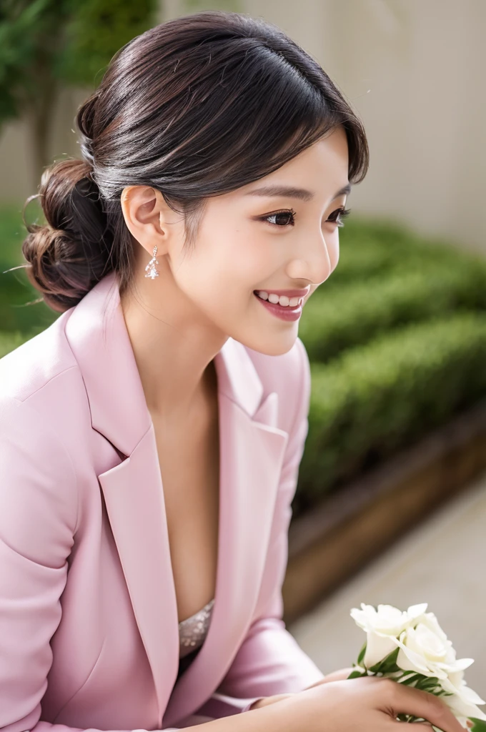 Wedding venue garden,President of import goods sales company,((full body)),((photo)),((best qualtiy, 8K, tmasterpiece:1.3)), Focus:1.2, perfect figure beautiful woman:1.4,1woman,cowboy shot,look at viewer,incredibly absurd, beautiful and cute woman with a photorealistic face, showcasing top-quality craftsmanship, A Japanese woman attending her sister's wedding at a wedding venue, 35 years old, long hair, straight black hair, shiny, silky hair that curls inwards, narrow double eyelids, long eyelashes, pronounced eyebrows, high nose, thin lips, white teeth, bright smile, smooth, honey-colored skin, thin neck, tall, glamorous, slender, F-cup breasts, pale pink suit, knee-length pencil skirt, high heels, diamond earrings and necklace, luxury brand watch, clutch bag, cigar, beautiful, lady-like, pretty older sister, celebrity-like, adult woman, intelligent, calm, kind, playful, sharp-tongued, soothing to those around, refined, elegant, June