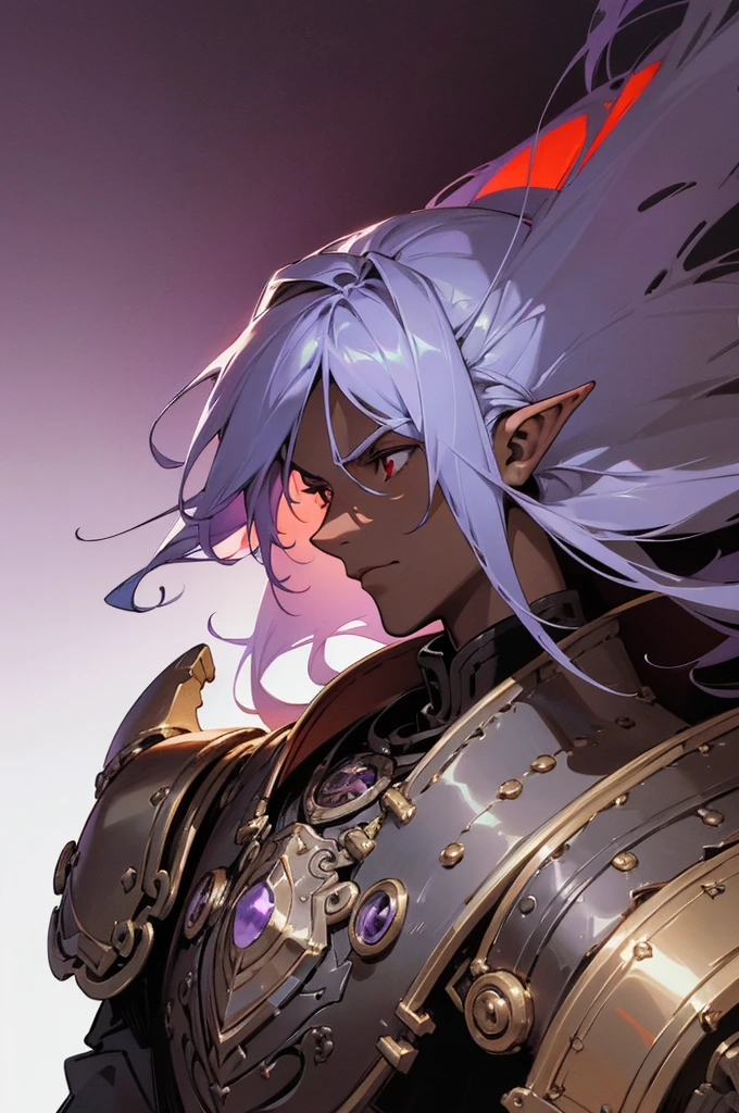 masterpiece, best quality, ultra high res, dark theme, 1boy, (dungeonpunk armor), (mechanical steampunk armor), (wearing armor), fantasy illustration, dark skinned, human, upper body, portrait, red eyes, long white hair, half-drow, pointy ears, serious face, young man, dramatic lighting, purple hue, art by Kinema Citrus