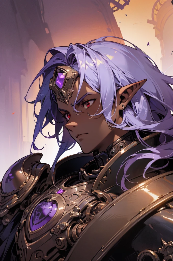 masterpiece, best quality, ultra high res, dark theme, 1boy, (dungeonpunk armor), (mechanical steampunk armor), (wearing armor), fantasy illustration, dark skinned, human, upper body, portrait, red eyes, long white hair, half-drow, pointy ears, serious face, young man, dramatic lighting, purple hue, art by Kinema Citrus