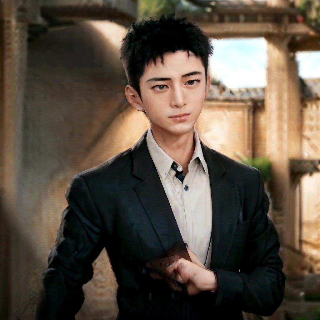 Realistic image of a man in a tuxedo standing in a courtyard, Beautiful androgynous prince, A delicate androgynous prince, Handsome men from Demon Slayer, Tall realistic man with blue eyes, Wearing a black aristocratic suit, Gweiz-style artwork, Anime Handsome Man, Official character art, Created by Anime Painter Studio