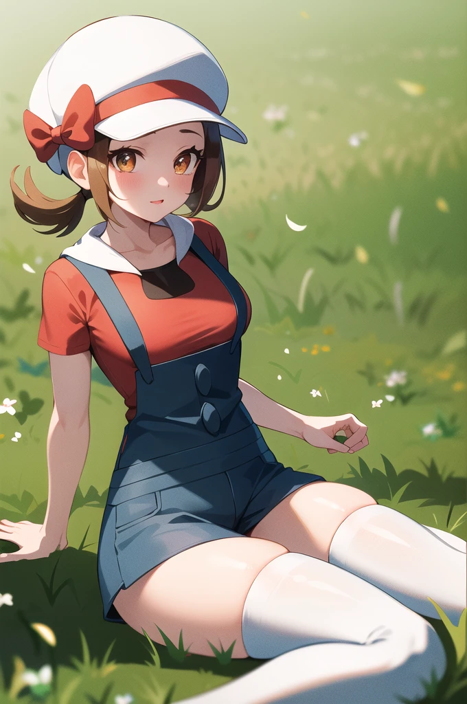 masterpiece, best quality, highres, ly01, overalls, white thighhighs, red bow, red shirt, white headwear, hat bow, eyelashes, wariza, field, grass, thighs, breasts, mature female