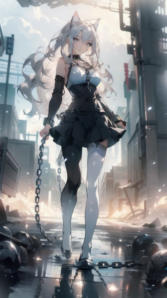 ((masterpiece, best quality)), Epic battlefield atmosphere,Delicate face,Cat girl,whole body,Standing picture,glowing silver eyes,Large Breasts,Gradient white long wavy hair,Perfect body proportions,Pure white background,Water Ripples,Lace,Sex bikini,Pantyhose,whip,chain