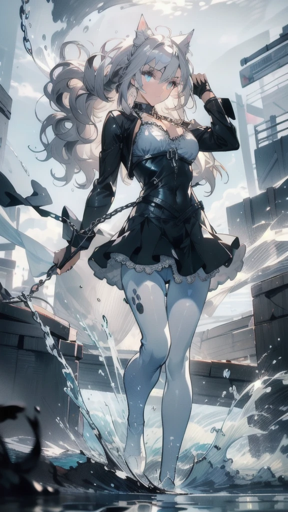 ((masterpiece, best quality)), Epic battlefield atmosphere，Delicate face，Cat girl，whole body，Standing picture，glowing silver eyes，Large Breasts，Gradient white long wavy hair，Perfect body proportions，Pure white background，Water Ripples，Lace，Sex bikini，Pantyhose，whip，chain