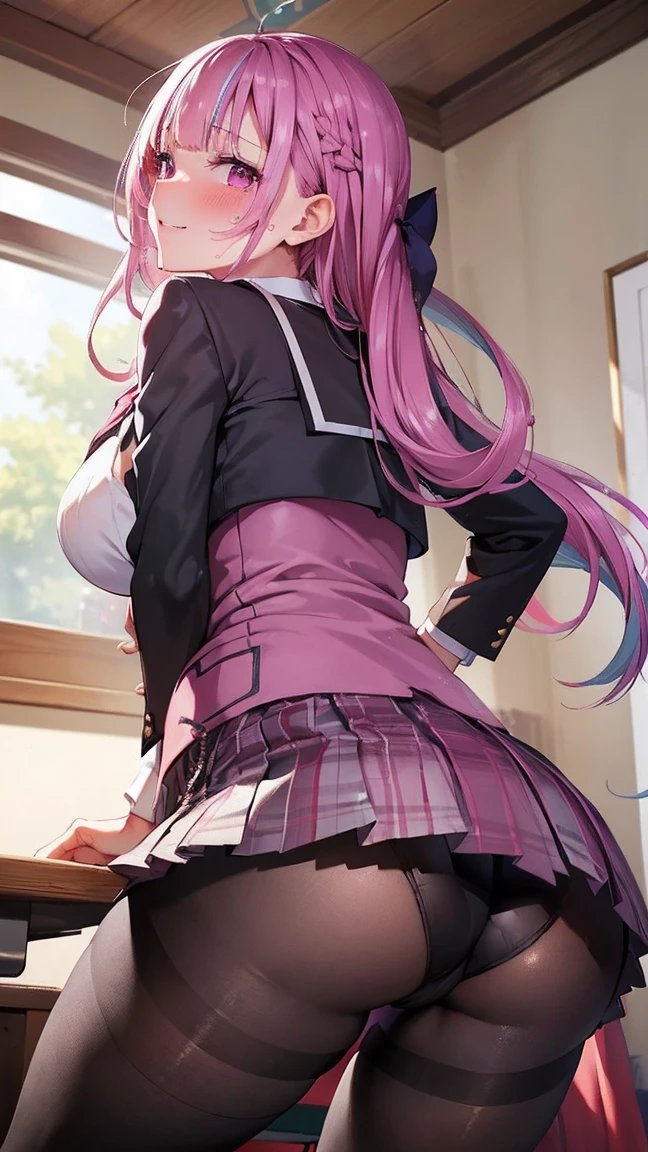 ((masterpiece)), ((Highest quality)), ((Very detailed)), One girl, Long Hair, classroom, Feet Focus, Sit on a chair, Big Breasts, plump, blazer, skirt, pantyhose, panties under pantyhose, Wicked Smile, Looking at the audience, From below, (Turn your butt towards the viewer:1.3), Steaming body, Sweat, (Sweaty feet:1.2), Lift your legs