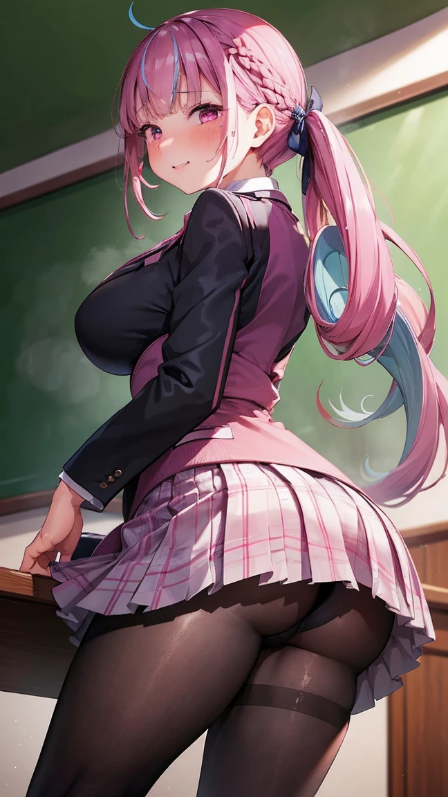 ((masterpiece)), ((Highest quality)), ((Very detailed)), One girl, Long Hair, classroom, Feet Focus, Sit on a chair, Big Breasts, plump, blazer, skirt, pantyhose, panties under pantyhose, Wicked Smile, Looking at the audience, From below, (Turn your butt towards the viewer:1.3), Steaming body, Sweat, (Sweaty feet:1.2), Lift your legs