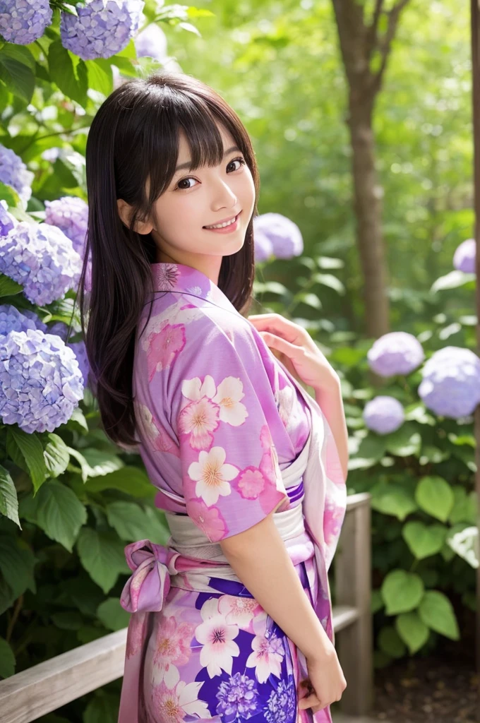 The image shows a beautiful Japanese girl wearing a thin yukata.。She was wearing a soft pink yukata.、The yukata is decorated with cherry blossom patterns.。The belt is bright blue、It creates a beautiful contrast with the pink of the yukata.。
Her hair is black、It is simply put together、Bangs naturally fall on the forehead。Her face is bright、A natural smile is very attractive。Eyes are large、long lashes、The eyes are clear black。This smile and sparkle in your eyes、It enhances her innocent and pure beauty.。
She is standing near a hydrangea flower、Reaching out to touch the leaves。Lush trees in the background々is spreading、It seems that the photo was taken in nature.。The purple of the hydrangea and the pink of the yukata are in harmony.、Overall, it creates a beautiful balance of colors.。
her pose is relaxed、I feel like I am being natural.。The fabric of the yukata is thin.、It's so soft you can almost feel it swaying in the wind.。このCostumeが彼女の清楚で優雅な印象をさらに強調しています。
as a whole、This image beautifully captures the natural beauty and traditional Japanese aesthetic.、It is a piece that gives comfort and inspiration to the viewer.。Her smile、Costume、The natural background blends in、It creates a very attractive and visually immersive look.。
