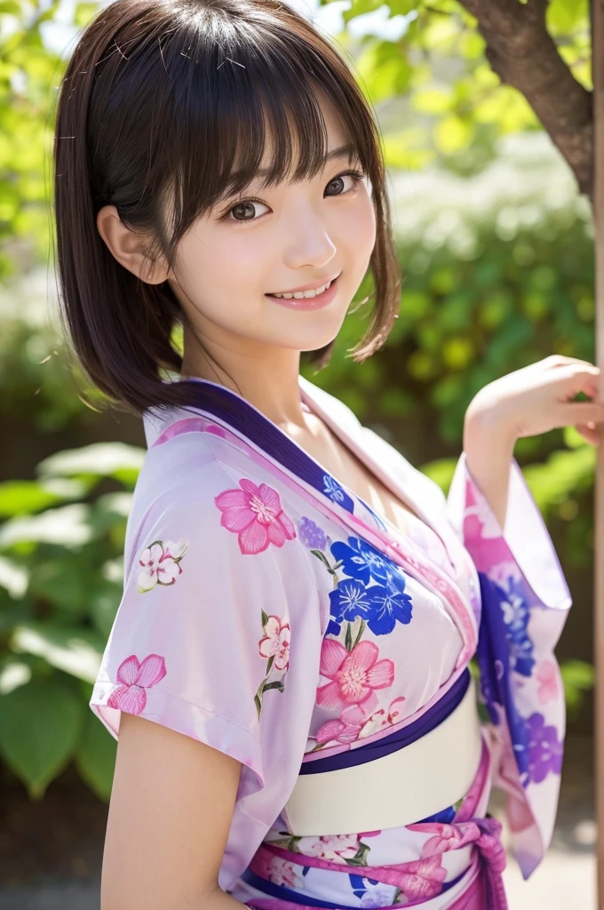 (Highest image quality, Highest image quality, Super A High Definition), (Raw photo, Realism 1.4), (flat chest), Fine skin, Fine face, Cute, AKB Girl, Girl in her 20s, Small breasts, Perfect Skin, thighs thighs thighs thighs, Medium Hair, Perfect, Brown hair, Brown eyes, Whole body、((Summer Festivals))、((Wearing Yukata))、Bright sunlight, Smile