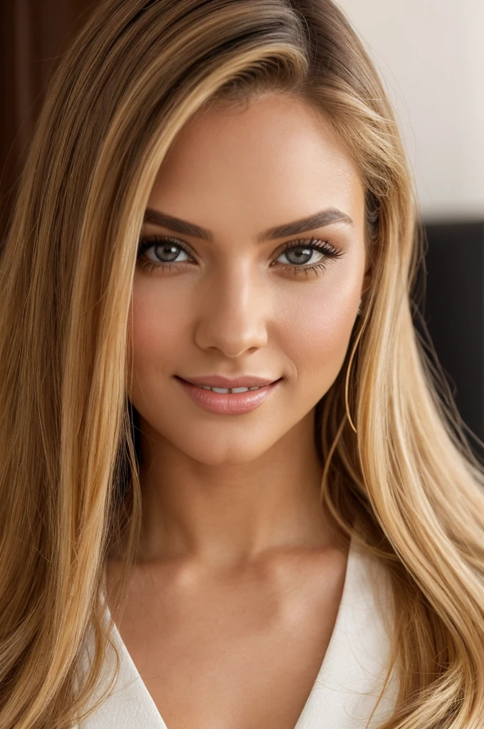 high resolution photo frontal portrait of a woman that has a radiant oval face striking and captivating appearance that exudes elegance and charm. She has long, flowing blonde hair that cascades down her shoulders, adding a touch of enchantment to her overall look. Her eyes are a mesmerizing shade of light brown, reminiscent of honey, and they sparkle with intelligence and warmth. Carolina's features are perfectly balanced, with an elegant nose and softly defined cheekbones. Her smile is radiant and infectious, lighting up the room whenever she enters. Her lips are naturally full and rosy, adding a touch of allure to her already captivating presence. Carolina takes great care of herself, maintaining a flawless complexion that glows with a healthy radiance. Her skin is smooth and has a warm, golden undertone, further enhancing her natural beauty. Carolina is known for her impeccable sense of style. She exudes confidence and sophistication, effortlessly pulling off a range of fashion looks. Her wardrobe is a carefully curated collection of elegant and chic pieces. Whether she's dressed in a tailored suit, a flowing evening gown, or casual yet trendy streetwear, she always manages to look effortlessly put together. She has a knack for accessorizing, often opting for statement jewelry that adds a touch of glamour to her outfits. In terms of body type, Carolina has a slender and statuesque figure. She possesses graceful and confident posture, which accentuates her overall allure and magnetic presence. Overall, Carolina Mendes is a vision of beauty, charm, and sophistication. With her captivating appearance and radiant personality, she effortlessly commands attention and leaves a lasting impression on everyone she meets --style raw --ar 3:4 --v 6.0