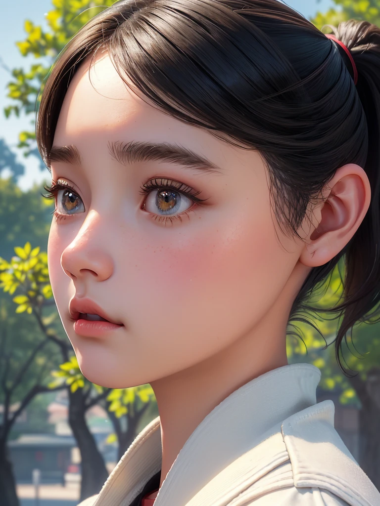 One Girl，(1人のとてもcute女の子:1.3)，masterpiece，Highest quality，High resolution，From below，Low - Angle，Photorealistic，RAW Photos，Ray Tracing，beautiful girl，(15 years old:1.3)，cute，Big eyes，(detailed pupils:1.2)，(Face turned to the side:1.3)，Cute nose，Beautiful nose，Upturned nose，Fuller lips，Short black hair，ponytail，short hair，Detailed eyelashes，Thin eyebrows，Very fine grain definition，(profile:1.3)，(Face close-up，Face Focus:1.0)，Small breasts，Short neck，，Red and white brick building，Western-style building，poplar tree，Portrait，View Viewer，Upper Body，Cinema Lighting，High resolution，Very detailed