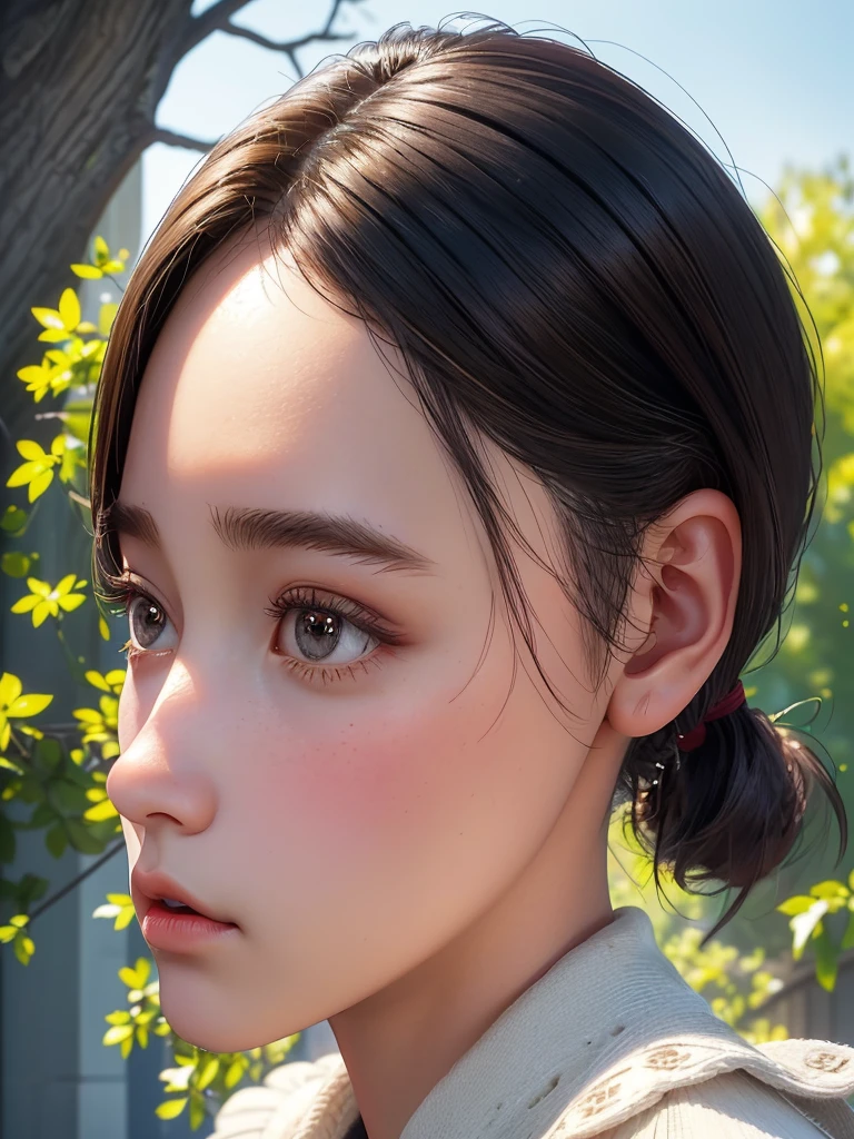 One Girl,(1人のとてもcute女の子:1.3),masterpiece,Highest quality,High resolution,From below,Low - Angle,Photorealistic,RAW Photos,Ray Tracing,beautiful girl,(:1.3),cute,Big eyes,(detailed pupils:1.2),(Face turned to the side:1.3),Cute nose,Beautiful nose,Upturned nose,Fuller lips,Short black hair,ponytail,short hair,Detailed eyelashes,Thin eyebrows,Very fine grain definition,(profile:1.3),(Face close-up,Face Focus:1.0),Small breasts,Short neck,,Red and white brick building,Western-style building,poplar tree,Portrait,View Viewer,Upper Body,Cinema Lighting,High resolution,Very detailed
