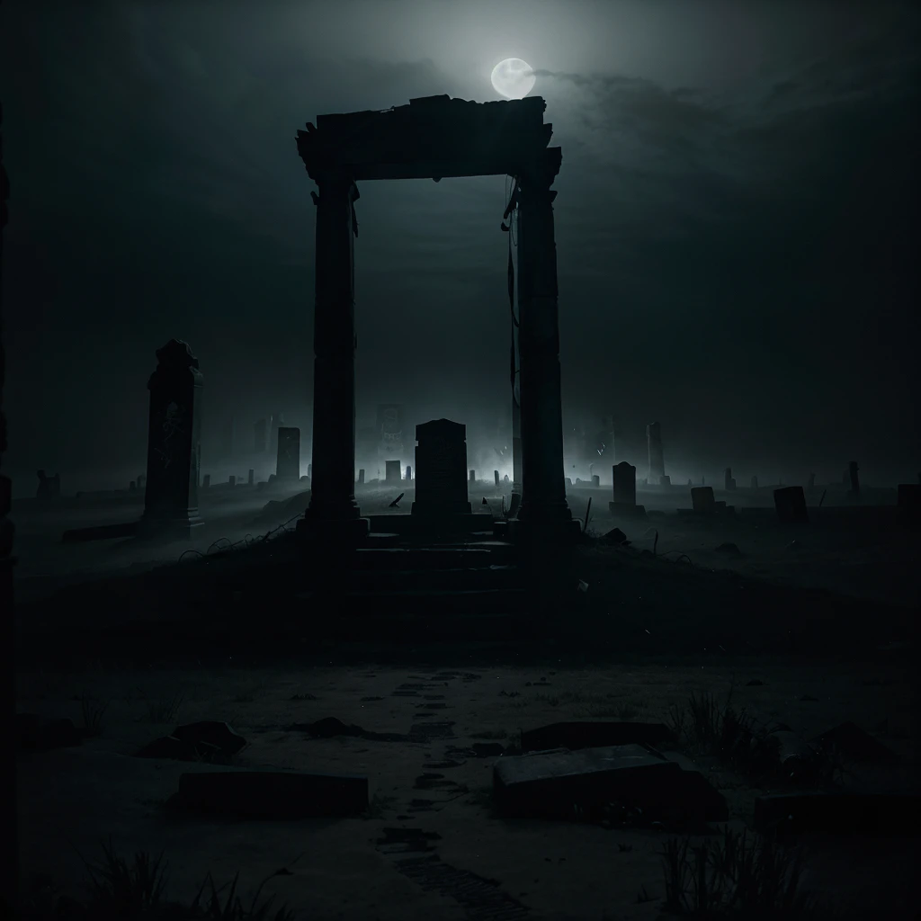 background main menu game, Ancient excavation site at night, Desolate atmosphere, Tragic aftermath of archeologists' deaths, Foreboding darkness, Sinister shadows, Dim lighting, Satanic symbols on ancient walls, Flickering candles and distorted shadows, Remnants of occult rituals, Ghastly silhouettes in moonlight, Unearthly whispers, Malevolent forces, Partially shrouded in fog, Mystery and isolation, Fractured tombstones and disturbed graves, Disturbed spirits, Dark and desaturated color palette, Eerie otherworldly hues, Unsettling center with an ancient partially opened portal, Ominous glow revealing a glimpse into the demonic realm