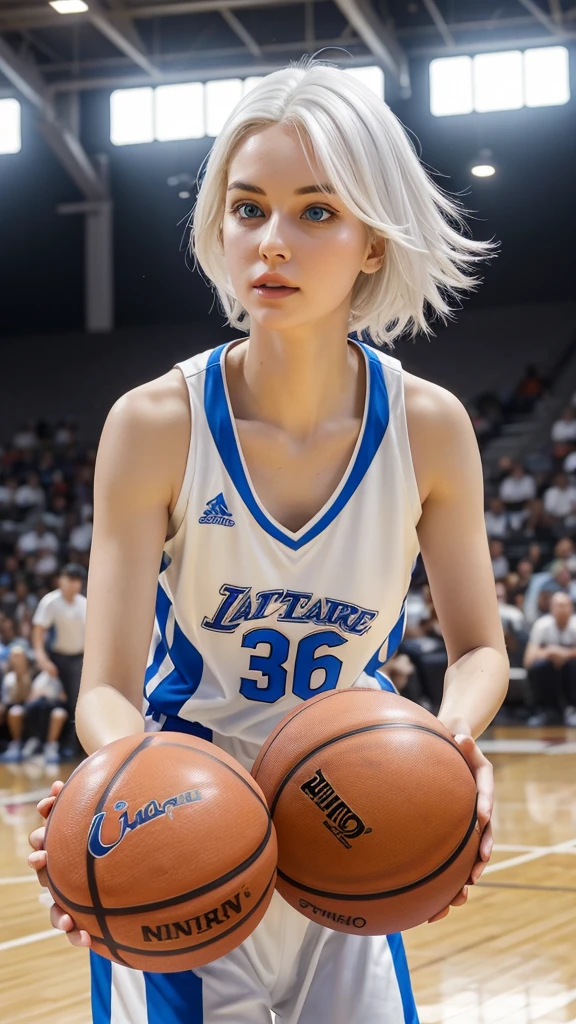 26 year old woman white hair blue eyes and white skin playing basketball 