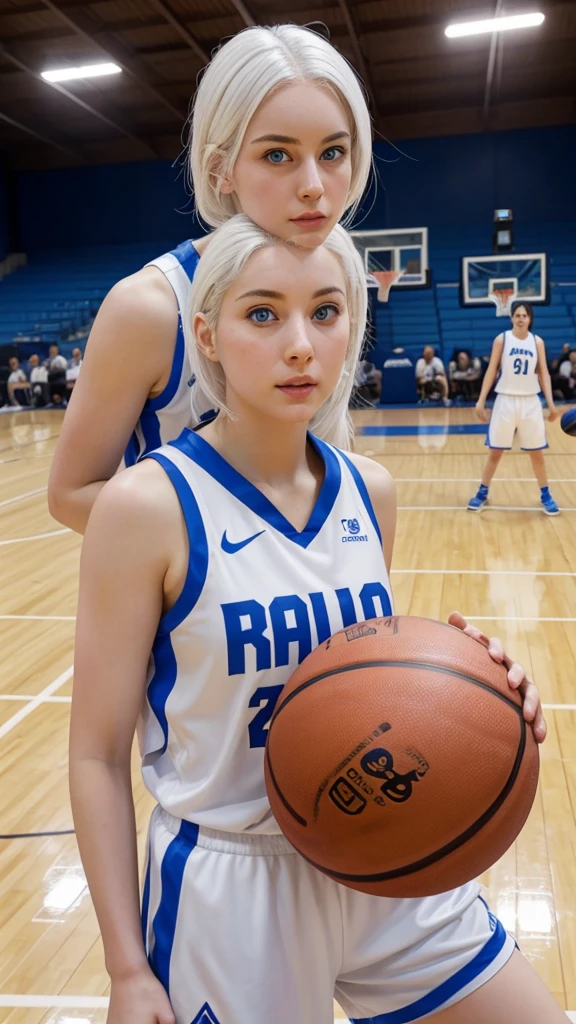 female teenager with white hair , light blue eyes and white skin, basketball player holding his partner