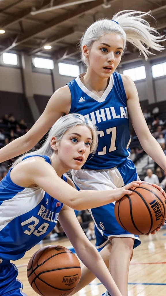 26 year old woman white hair blue eyes and white skin playing basketball