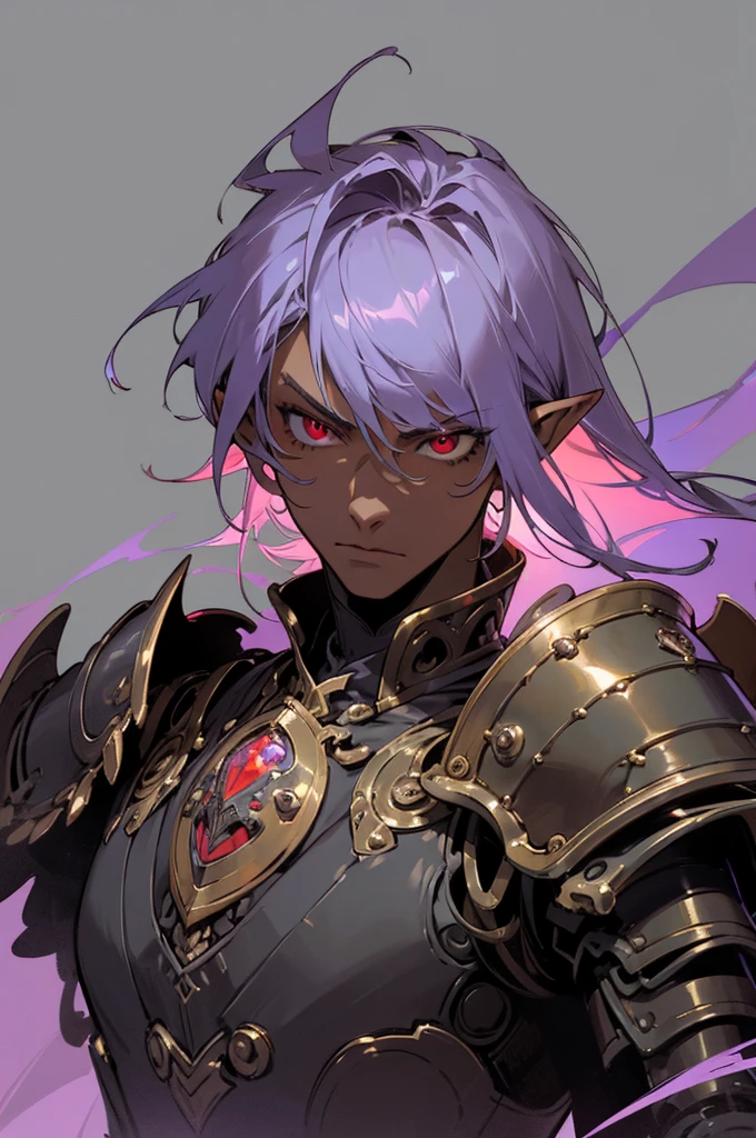 masterpiece, best quality, ultra high res, dark theme, 1boy, (dungeonpunk armor), (mechanical steampunk armor), (wearing armor), fantasy illustration, dark skinned, human, upper body, portrait, red eyes, long white hair, half-drow, pointy ears, serious face, young man, dramatic lighting, purple hue, art by Kinema Citrus