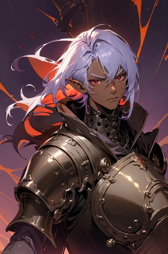 masterpiece, best quality, ultra high res, dark theme, 1boy, (dungeonpunk armor), (mechanical steampunk armor), (wearing armor), fantasy illustration, dark skinned, human, upper body, portrait, red eyes, long white hair, half-drow, pointy ears, serious face, young man, dramatic lighting, purple hue, art by Kinema Citrus