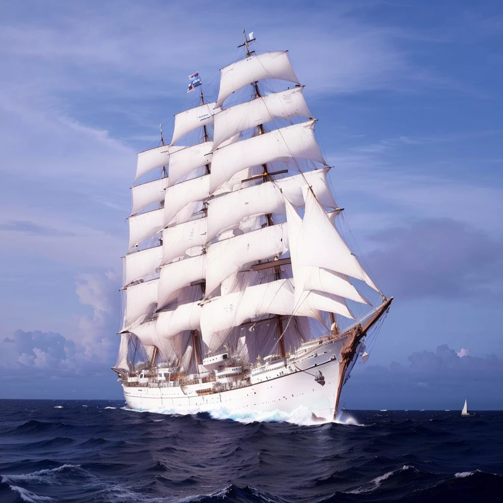 arafed sailboat in the ocean with a blue sky in the background, sea cloud, white sea cloud, sailing ship, ships with sails, sailing ships, ship at sea, sails, ships with sails underneath, titanic sails near, one piece ship sailing, sails and masts and rigging, maritime, sail, ship, torn sails, inspiring, sea, on ship