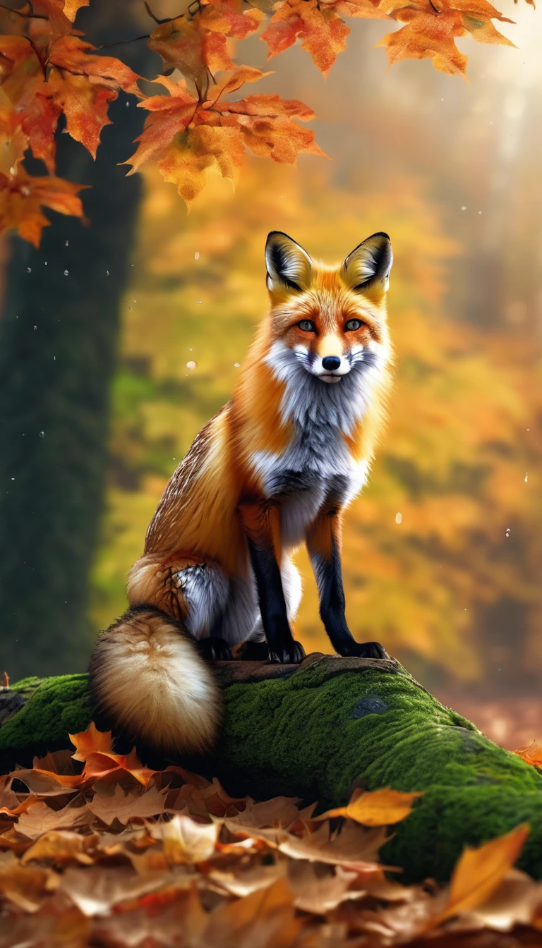 (best quality,4K,8K,high resolution,On the table:1.2),Extremely detailed,(Practical,Reality,Photorealistic:1.37),Colorful autumn landscape, fox,可爱的fox,Autumn forest,fox in a maple leaf cloak,Hidden fox,root,Rainy Day,Tranquil atmosphere,maple,Colored leaves,Color fox,Dark green and orange leaves,,Peaceful environment,Natural Lighting,Soft raindrops,Fallen leaves on the ground,gentle mist,The dazzling sunlight illuminates the forest,Majestic tree trunk,Silent Solitude,Magical atmosphere