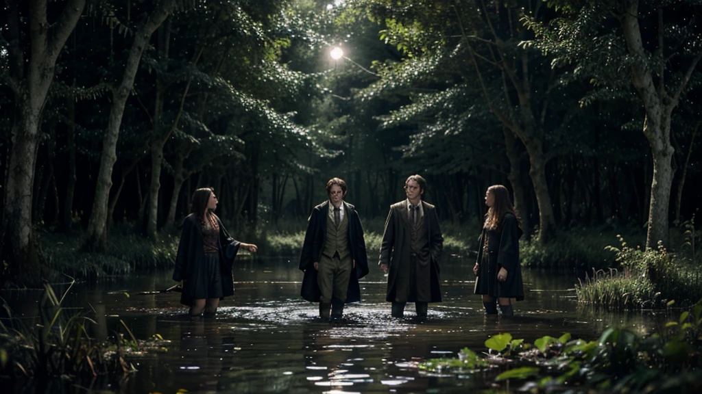 HARRY POTTER IN A SWAMP FOREST at night with witches flying