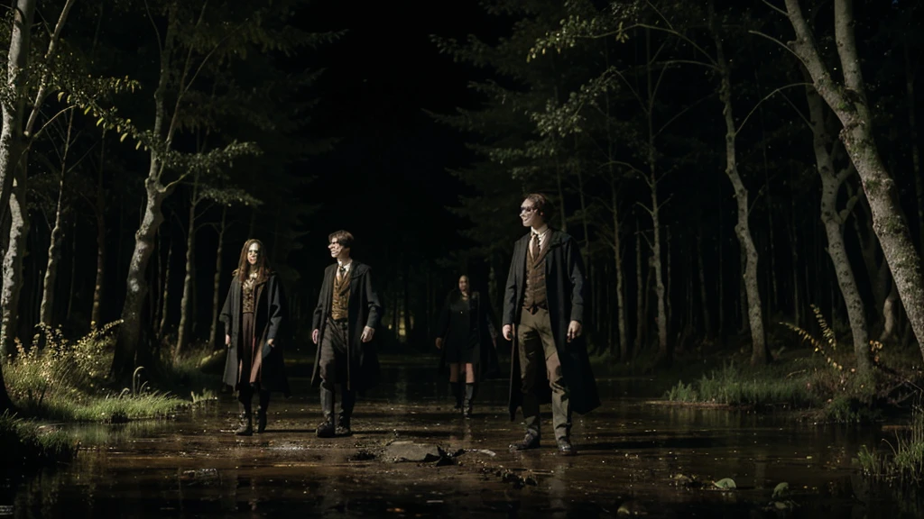 HARRY POTTER IN A SWAMP FOREST at night with witches flying