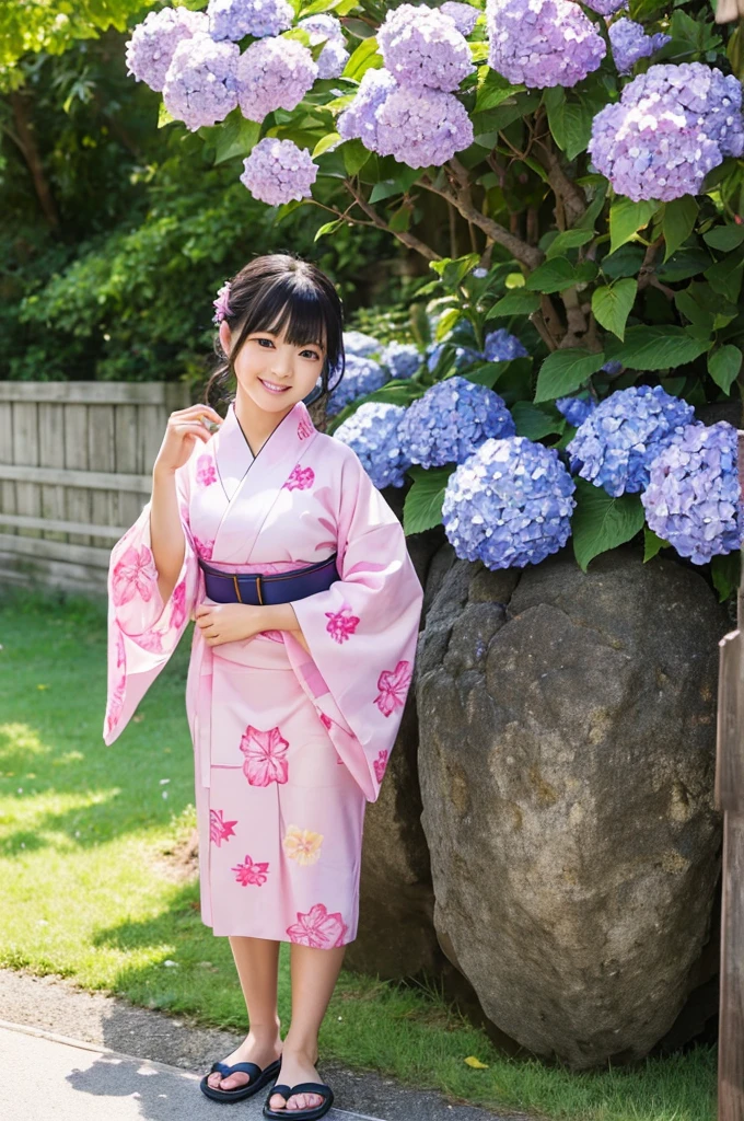 The image shows a beautiful Japanese girl wearing a thin yukata.。She was wearing a soft pink yukata.、The yukata is decorated with cherry blossom patterns.。The belt is bright blue、It creates a beautiful contrast with the pink of the yukata.。

Her hair is black、It is simply put together、Bangs naturally fall on the forehead。Her face is bright、A natural smile is very attractive。Eyes are large、long lashes、The eyes are clear black。This smile and sparkle in your eyes、It enhances her innocent and pure beauty.。

She is standing near a hydrangea flower、Reaching out to touch the leaves。Lush trees in the background々is spreading、It seems that the photo was taken in nature.。The purple of the hydrangea and the pink of the yukata are in harmony.、Overall, it creates a beautiful balance of colors.。

her pose is relaxed、I feel like I am being natural.。The fabric of the yukata is thin.、It&#39;s so soft you can almost feel it swaying in the wind.。このCostumeが彼女の清楚で優雅な印象をさらに強調しています。

as a whole、This image beautifully captures the natural beauty and traditional Japanese aesthetic.、It is a piece that gives comfort and inspiration to the viewer.。Her smile、Costume、The natural background blends in、It creates a very attractive and visually immersive look.。