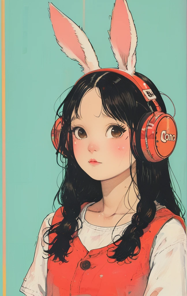 On a bright red campus"YES"Character、beautiful illustration, best quality, cute girl, bedroom, pastel color, fluffy bunny ears, , silver long hair, rabbit stuffed toy, bright lighting, light pink eyes、alone, One girl, profile,Black Bob,　profile,  The background color is solid yellow,An illustration