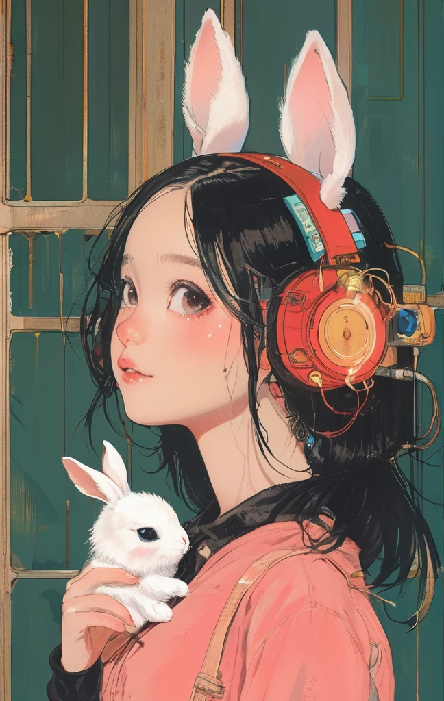 On a bright red campus"YES"Character、beautiful illustration, best quality, cute girl, bedroom, pastel color, fluffy bunny ears, , silver long hair, rabbit stuffed toy, bright lighting, light pink eyes、alone, One girl, profile,Black Bob, profile, The background color is solid yellow,An illustration