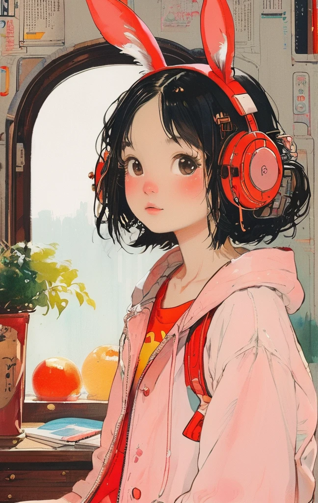 On a bright red campus"YES"Character、beautiful illustration, best quality, cute girl, bedroom, pastel color, fluffy bunny ears, , silver long hair, rabbit stuffed toy, bright lighting, light pink eyes、alone, One girl, profile,Black Bob, profile, The background color is solid yellow,An illustration