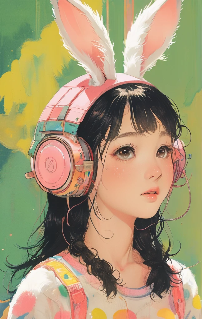 On a bright red campus"YES"Character、beautiful illustration, best quality, cute girl, bedroom, pastel color, fluffy bunny ears, , silver long hair, rabbit stuffed toy, bright lighting, light pink eyes、alone, One girl, profile,Black Bob, profile, The background color is solid yellow,An illustration