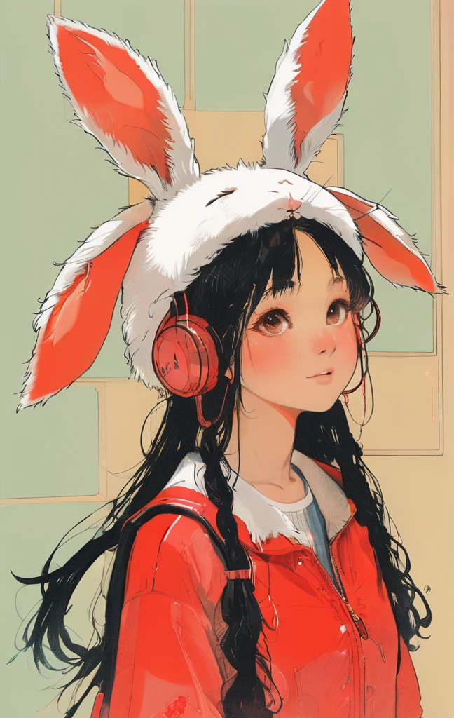 On a bright red campus"YES"Character、beautiful illustration, best quality, cute girl, bedroom, pastel color, fluffy bunny ears, , silver long hair, rabbit stuffed toy, bright lighting, light pink eyes、alone, One girl, profile,Black Bob, profile, The background color is solid yellow,An illustration