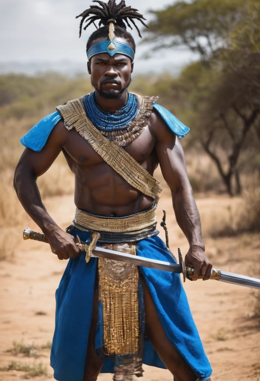 African warrior man, dressed like a warrior, your clothes are blue, he puts up a sword and is very serious