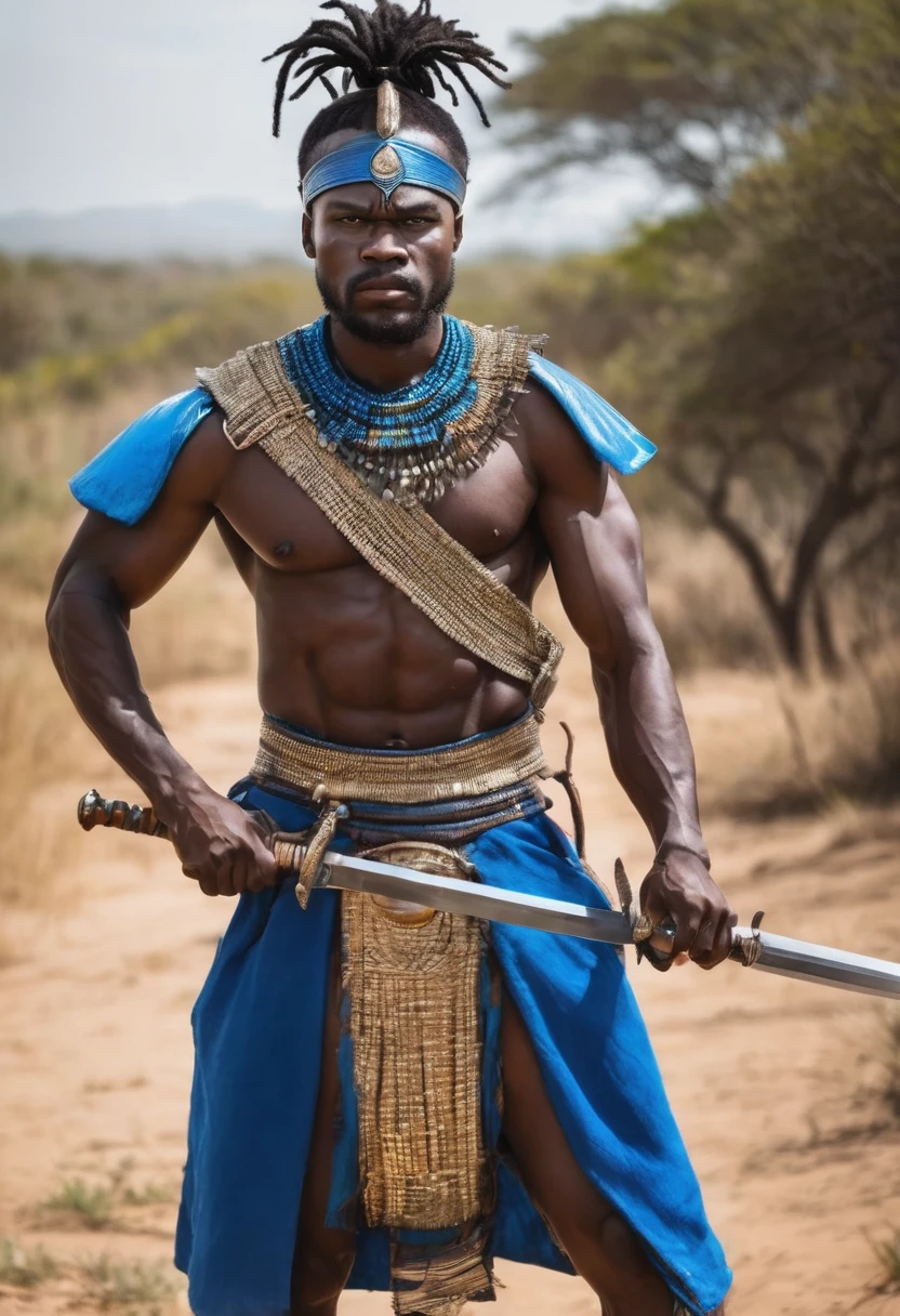 African warrior man, dressed like a warrior, your clothes are blue, he puts up a sword and is very serious 