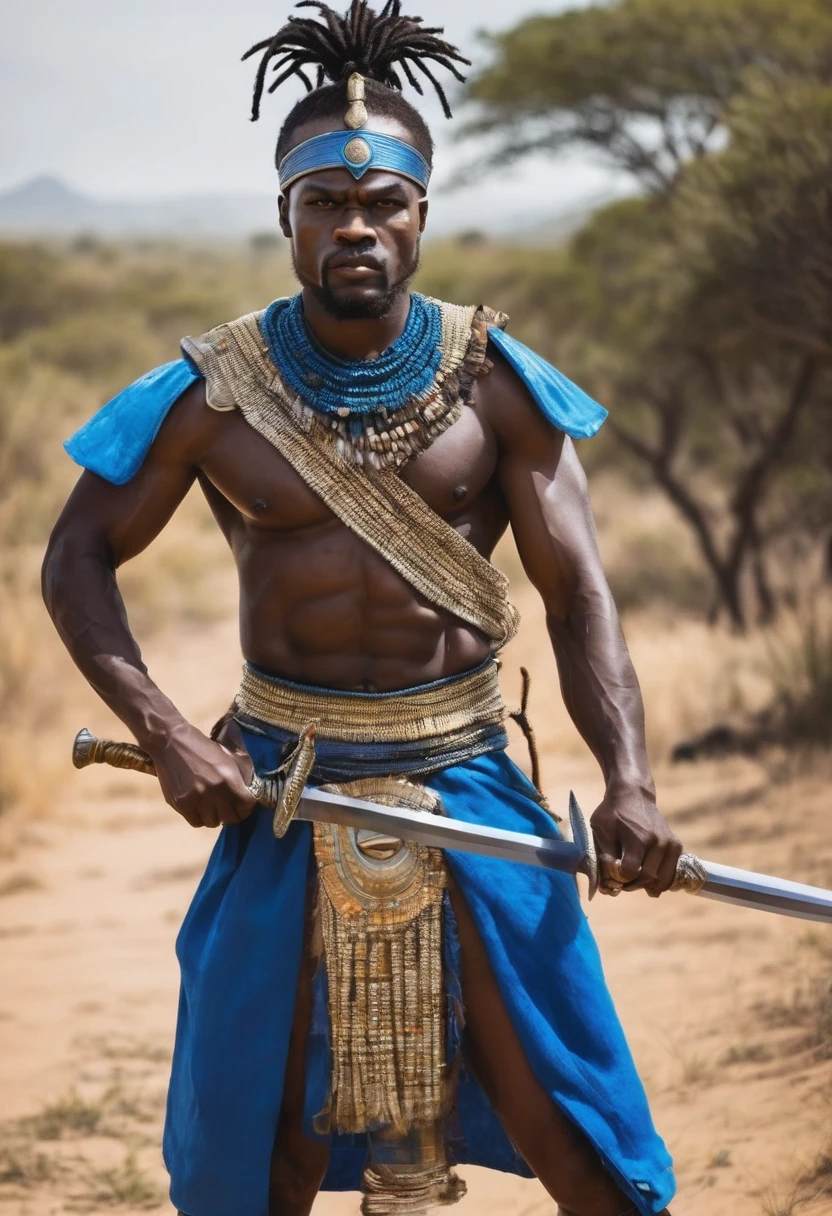 African warrior man, dressed like a warrior, your clothes are blue, he puts up a sword and is very serious