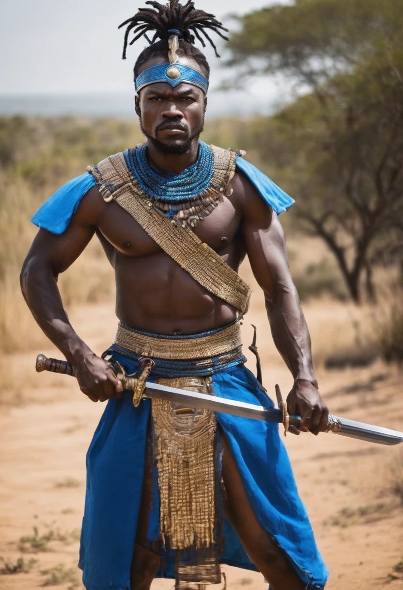 African warrior man, dressed like a warrior, your clothes are blue, he puts up a sword and is very serious