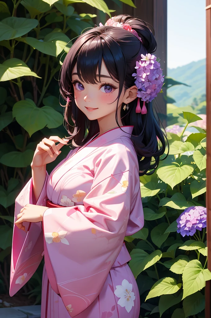 The image shows a beautiful Japanese girl wearing a thin yukata.。She was wearing a soft pink yukata.、The yukata is decorated with cherry blossom patterns.。The belt is bright blue、It creates a beautiful contrast with the pink of the yukata.。

Her hair is black、It is simply put together、Bangs naturally fall on the forehead。Her face is bright、A natural smile is very attractive。Eyes are large、long lashes、The eyes are clear black。This smile and sparkle in your eyes、It enhances her innocent and pure beauty.。

She is standing near a hydrangea flower、Reaching out to touch the leaves。Lush trees in the background々is spreading、It seems that the photo was taken in nature.。The purple of the hydrangea and the pink of the yukata are in harmony.、Overall, it creates a beautiful balance of colors.。

her pose is relaxed、I feel like I am being natural.。The fabric of the yukata is thin.、It&#39;s so soft you can almost feel it swaying in the wind.。このCostumeが彼女の清楚で優雅な印象をさらに強調しています。

as a whole、This image beautifully captures the natural beauty and traditional Japanese aesthetic.、It is a piece that gives comfort and inspiration to the viewer.。Her smile、Costume、The natural background blends in、It creates a very attractive and visually immersive look.。