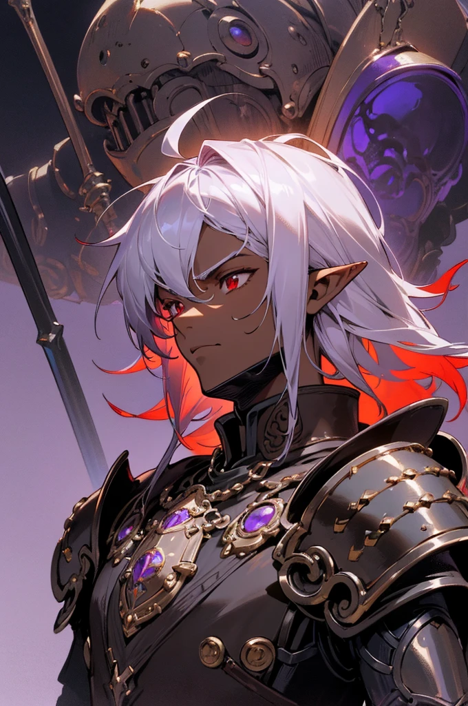 masterpiece, best quality, ultra high res, dark theme, 1boy, (dungeonpunk armor), (mechanical steampunk armor), (wearing armor), fantasy illustration, dark skinned, human, upper body, portrait, red eyes, long white hair, half-drow, pointy ears, serious face, young man, dramatic lighting, purple hue, art by Kinema Citrus
