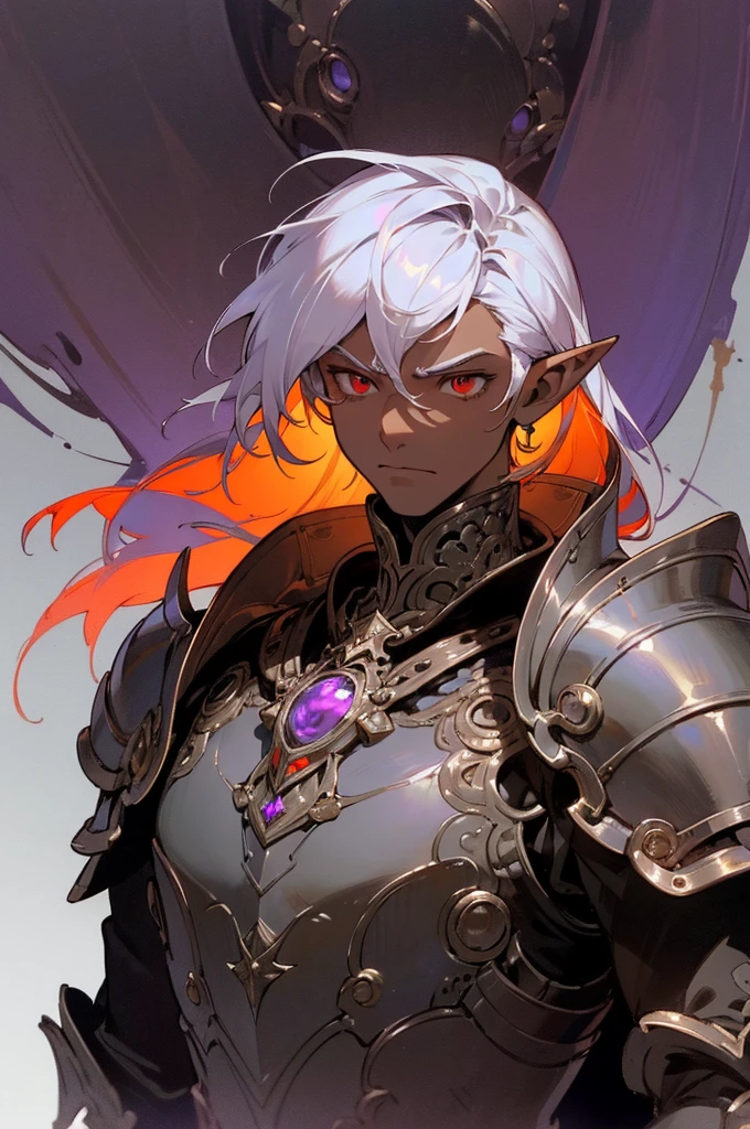 masterpiece, best quality, ultra high res, dark theme, 1boy, (dungeonpunk armor), (mechanical steampunk armor), (wearing armor), fantasy illustration, dark skinned, human, upper body, portrait, red eyes, long white hair, half-drow, pointy ears, serious face, young man, dramatic lighting, purple hue, art by Kinema Citrus
