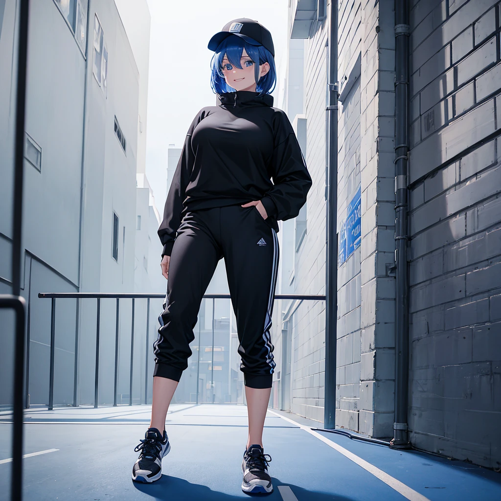 A woman wearing a black sweatshirt with blue details, black sports pants, sports sneakers, wearing a black cold cap, weak blue hair, short hair, blue eyes, smiling, big breasts, walking on a sports court, athletics floor, postured in a foot, winter background, background building, daytime location