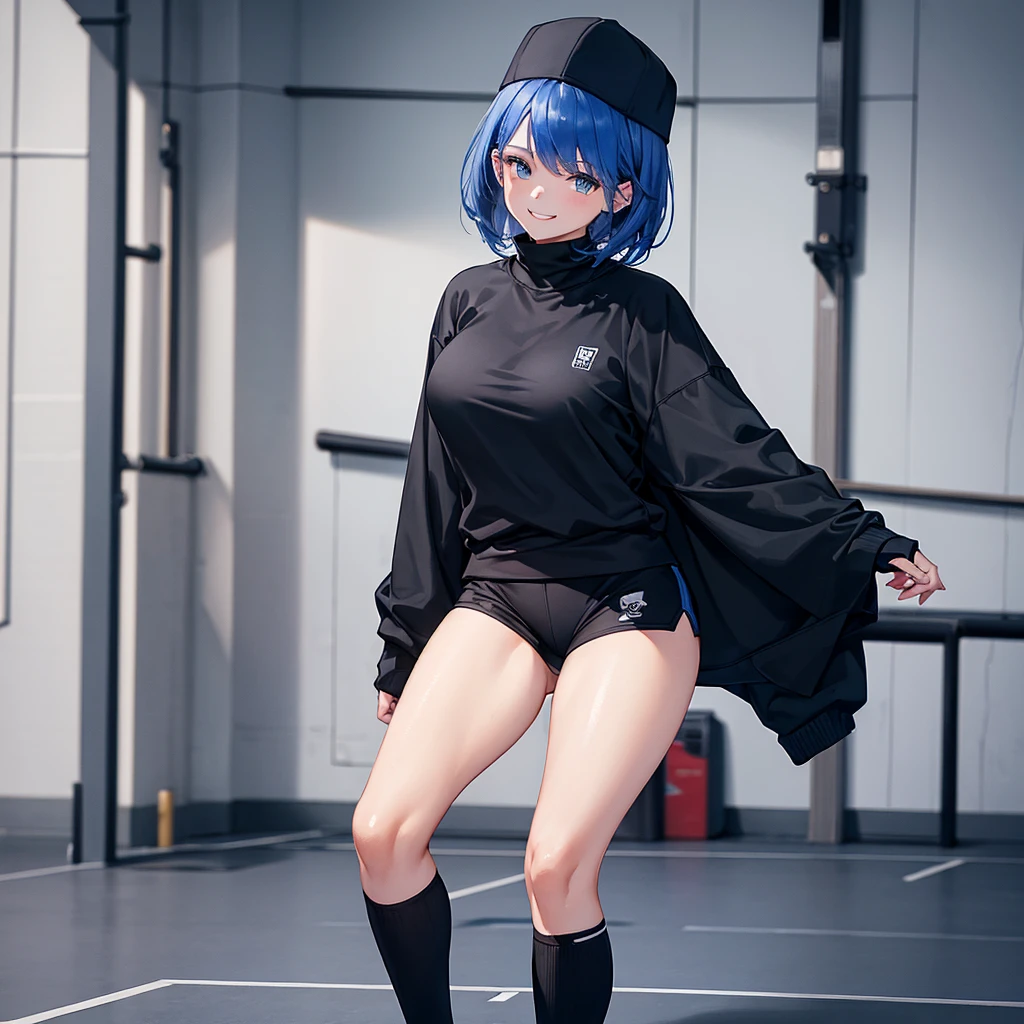 A woman wearing a black sweatshirt with blue details, black sports pants, sports sneakers, wearing a black cold cap, weak blue hair, short hair, blue eyes, smiling, big breasts, walking on a sports court, athletics floor, postured in a foot, winter background, background building, daytime location
