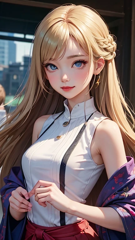 blush a little and smile, (Top quality masterpiece:1.2) Delicate illustrations, Very detailed, /Beautiful Japanese Women、1 person,Very cute and slim、Great style 、((8K images、super high quality))、Very delicate face, Skin and Hair、beautifule forehead、Red lipstick、(((((Mid-length hair、Blonde、lure))))),Very cute Japanese cut face、Eyes and nose are clearly visible、Kind eyes,((((Sleeveless fashion))))