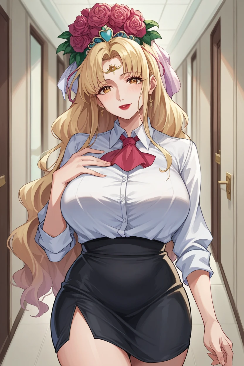 score_9, score_8_up, score_7_up, score_6_up, source_anime BREAK 1girl  spaphro, tiara, circlet, hair flower, lipstick, large breasts, collared shirt, looking at you, ascot, pencil skirt, black skirt, looking at you, smile, hallway