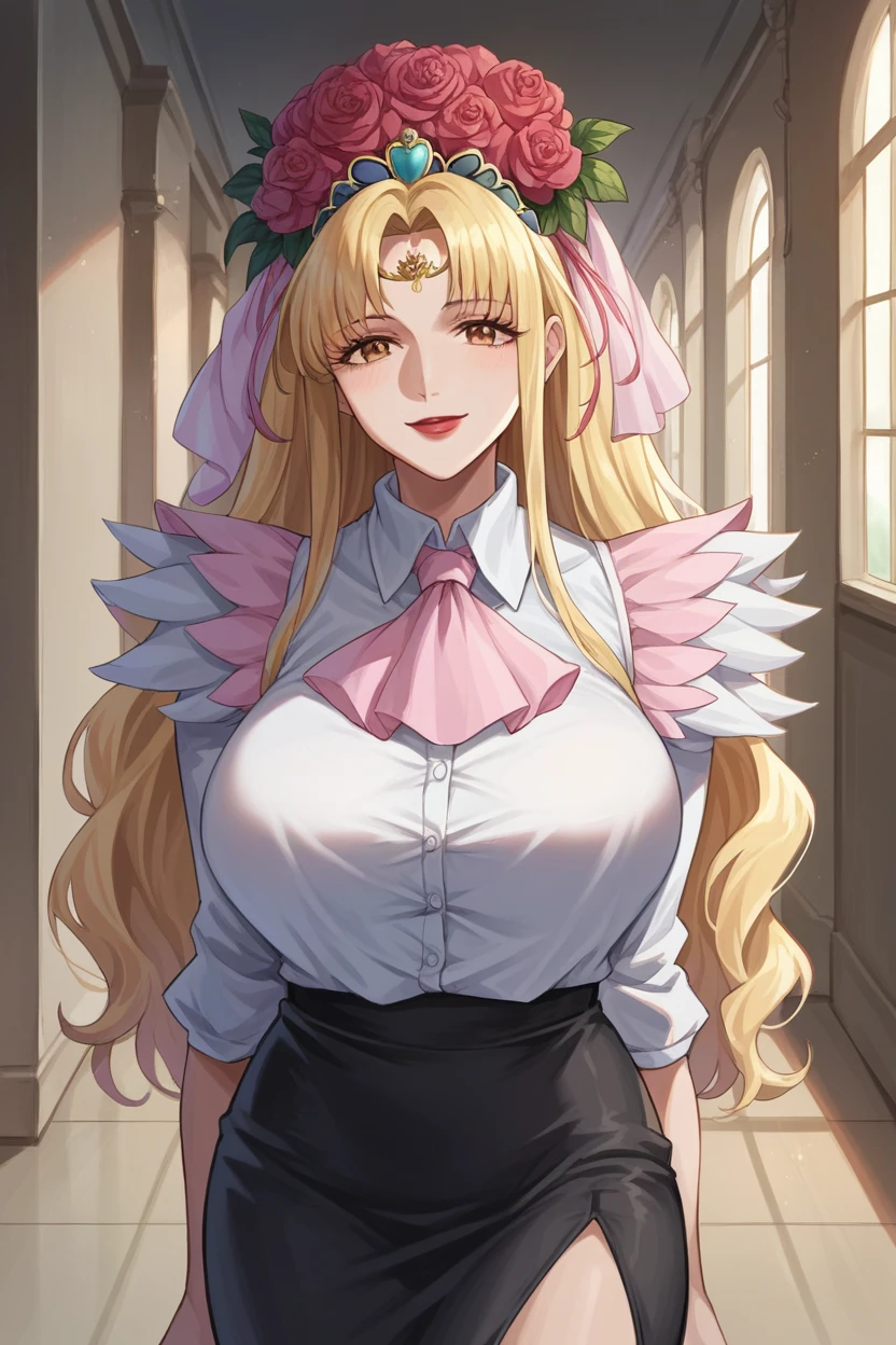 score_9, score_8_up, score_7_up, score_6_up, source_anime BREAK 1girl  spaphro, tiara, circlet, hair flower, lipstick, large breasts, collared shirt, looking at you, ascot, pencil skirt, black skirt, looking at you, smile, hallway