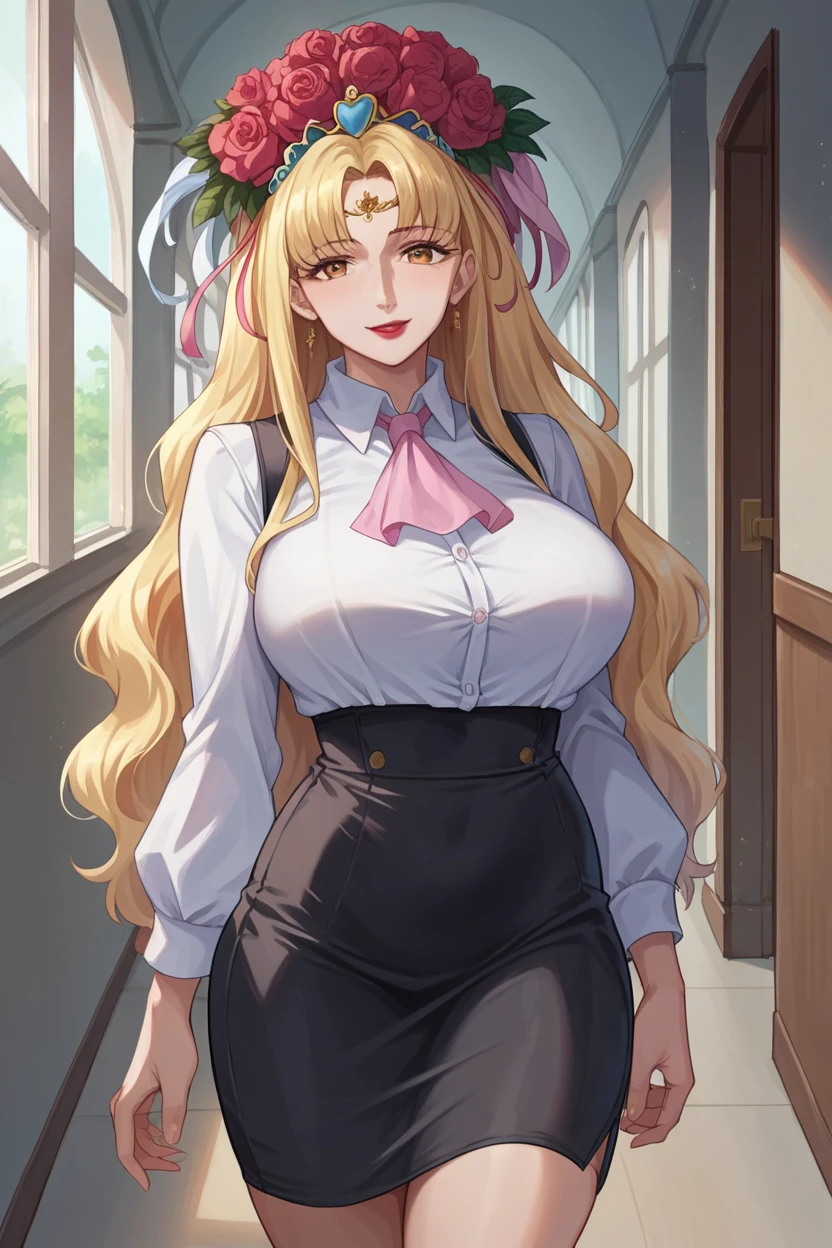 score_9, score_8_up, score_7_up, score_6_up, source_anime BREAK 1girl  spaphro, tiara, circlet, hair flower, lipstick, large breasts, collared shirt, looking at you, ascot, pencil skirt, black skirt, looking at you, smile, hallway