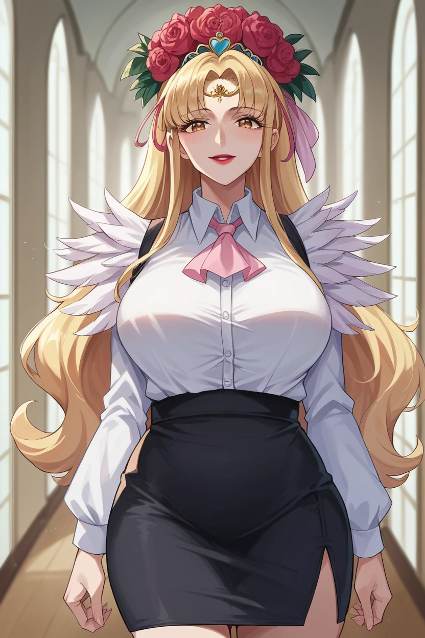 score_9, score_8_up, score_7_up, score_6_up, source_anime BREAK 1girl  spaphro, tiara, circlet, hair flower, lipstick, large breasts, collared shirt, looking at you, ascot, pencil skirt, black skirt, looking at you, smile, hallway