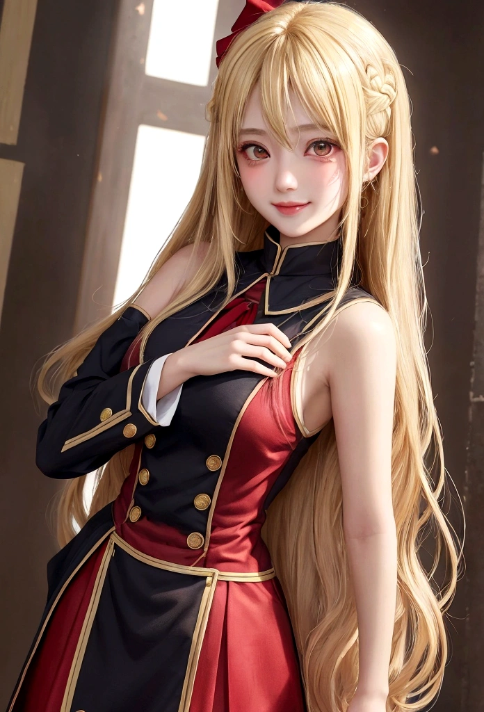 Terracomali Gundesblood、Good looking girl (blush, Perfect Face), independent , Looking at the camera, masterpiece, Anime art style, Cute Characters, Most detailed, high quality、Nico Nico Smile、There are highlights in the eyes、The whole body is visible、Blonde、Long Hair、Red Eye、Showing armpits、uniform